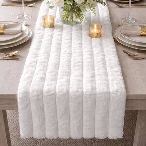 White Striped Faux Fur 12"x90" Ultra Soft Table Runner